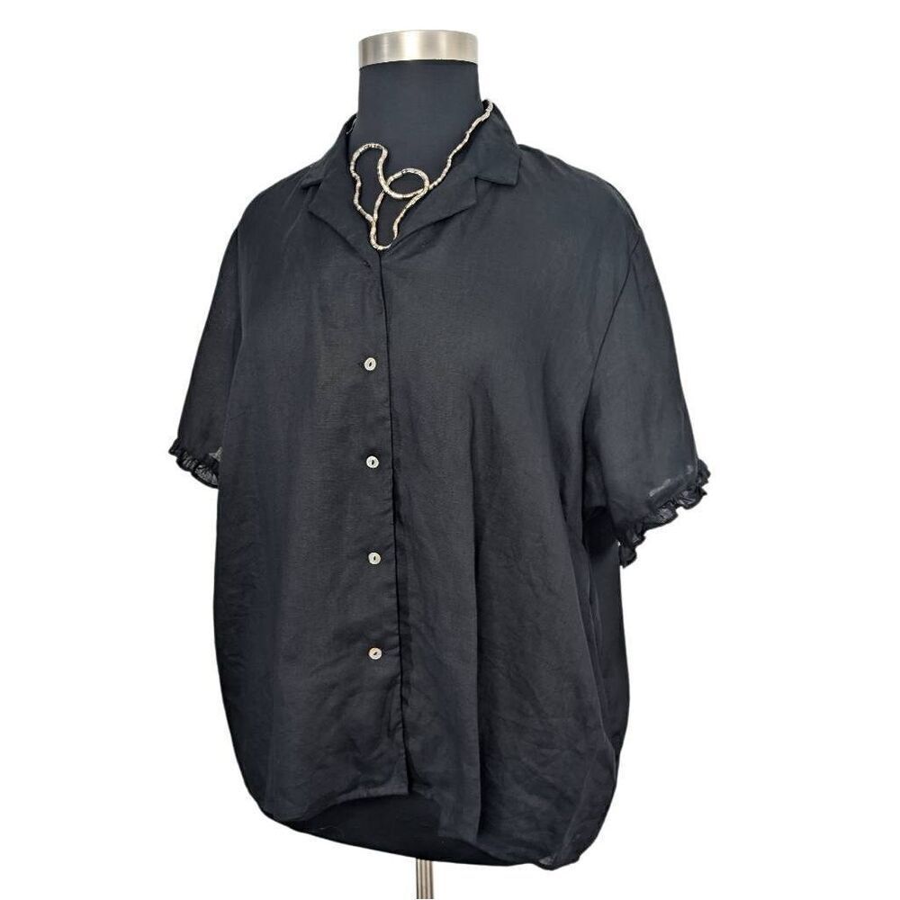 Edward II 3X Black 100% Irish Linen Button Down Top Short Sleeve VTG Vacation